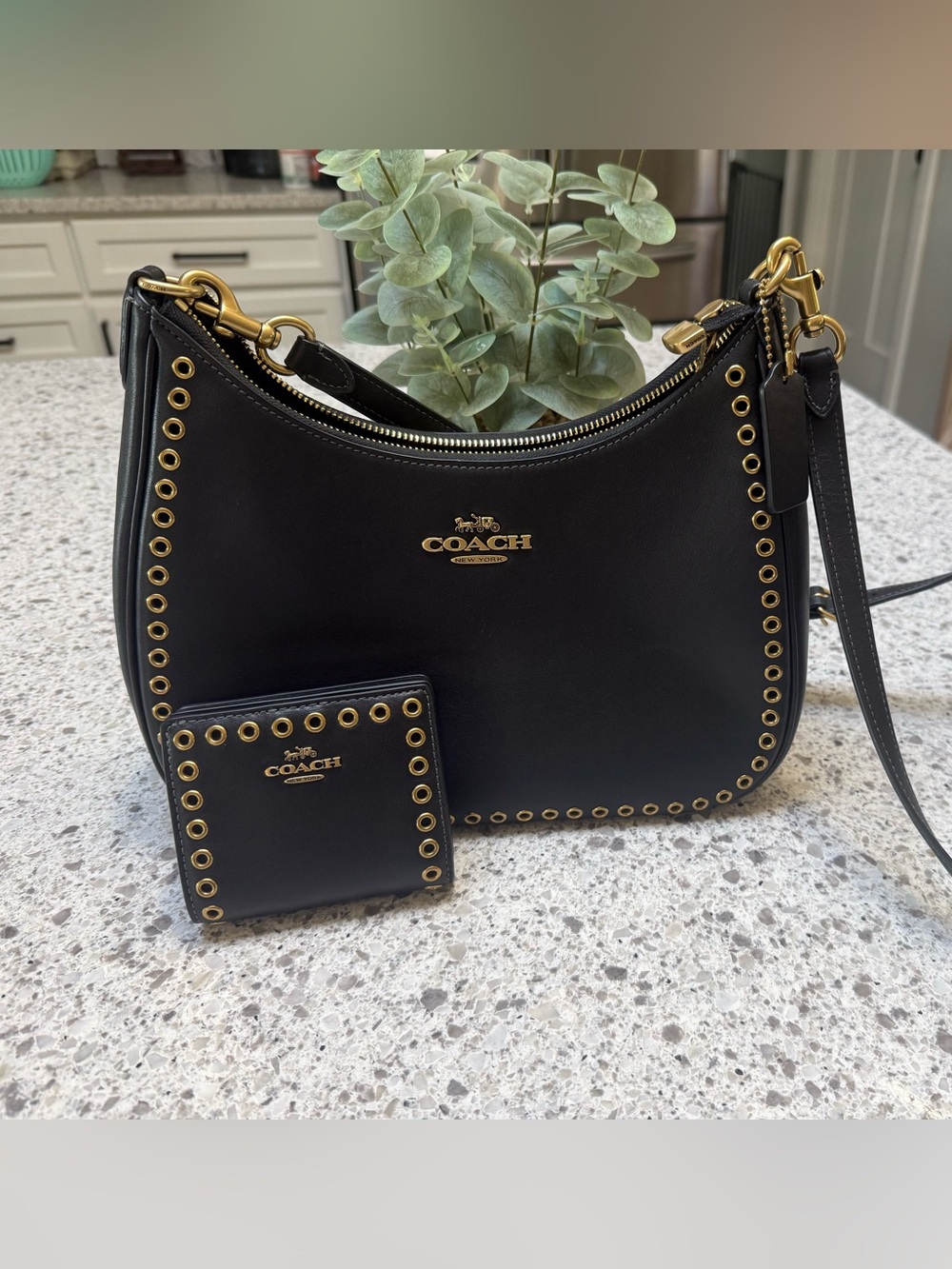 COACH Black Leather Grommet Teri Hobo with Matching Wallet